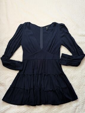 Windsor Navy Long-Sleeve Tiered V-Neck Dress